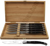 Laguiole knives with bright stainless bolsters - black horn handles - bright stainless steel blade  Oak box with 6 laguiole knives 