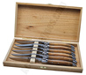 Laguiole knives with bright stainless bolsters - Olive wooden handles - bright stainless steel blade  Oak box with 6 laguiole knives 