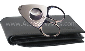Credo leather bill-case with Synchro cigar cutter, satin stainless steel
