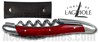 Forge de Laguiole Corkscrew - stamina RED handle bright stainless steel bolsters and sterrated blade with bottle opener - black leather pouch 